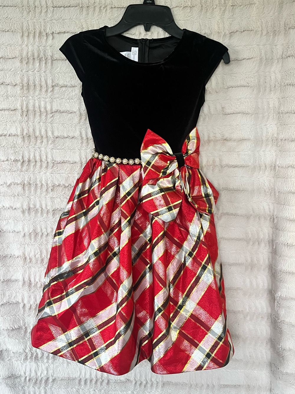 Bonnie Jean Black Velvet Top Red Plaid Holiday Dress with Bow